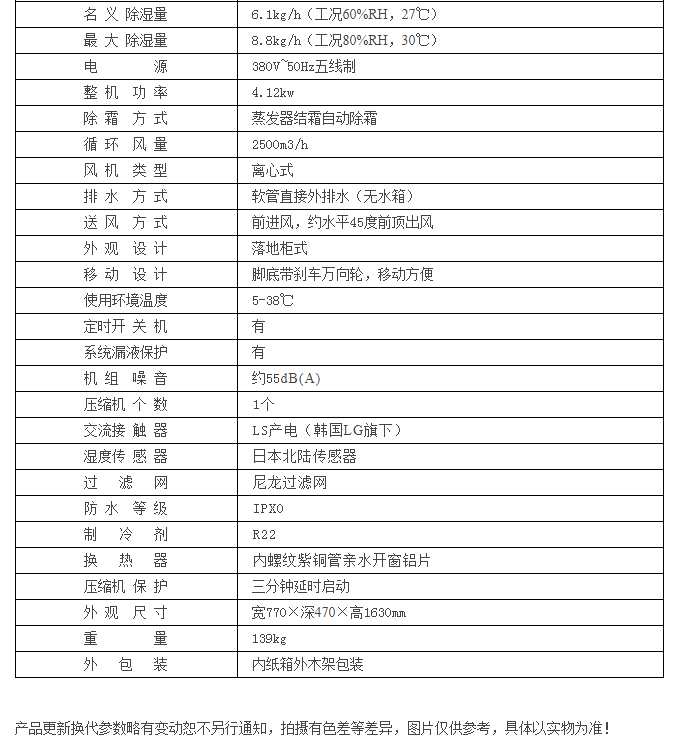 HJ-8192H五金倉庫防銹除濕機(jī)參數(shù)表